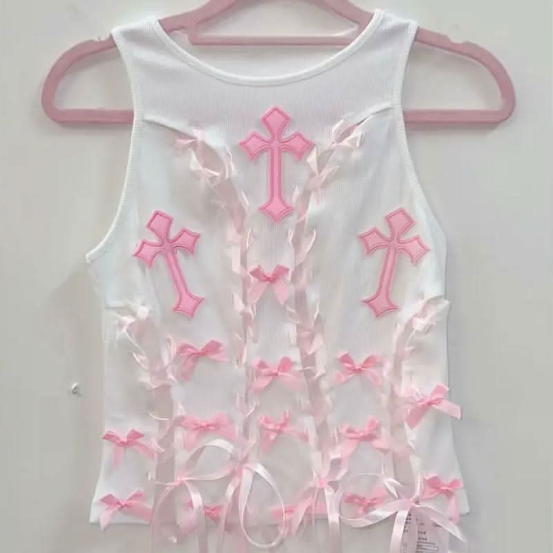 Crewneck bowknot cross pattern lace up ribbon top