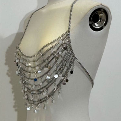Halter glitter metal chain hollow out cut out top