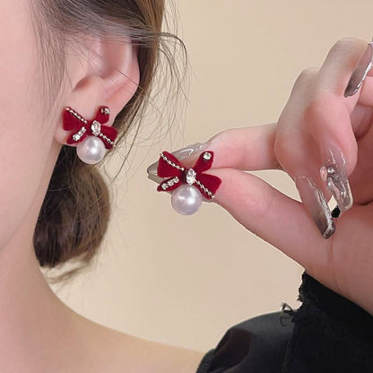 Bowknot heart faux pearl pendant stud earrings