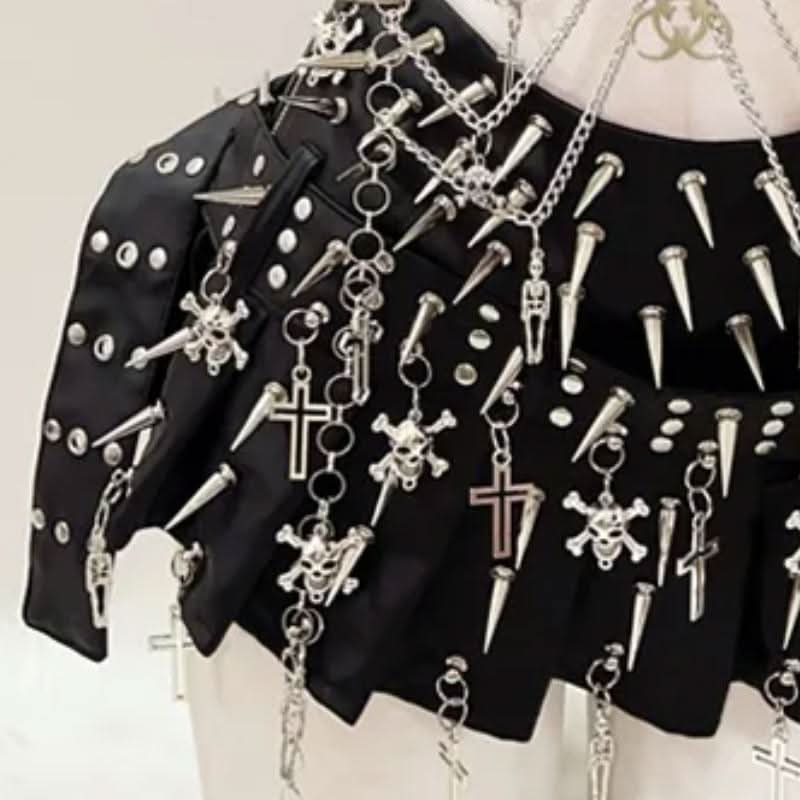 Skull rivet applique PU leather pleated mini skirt set