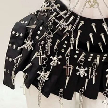 Skull rivet applique PU leather pleated mini skirt set
