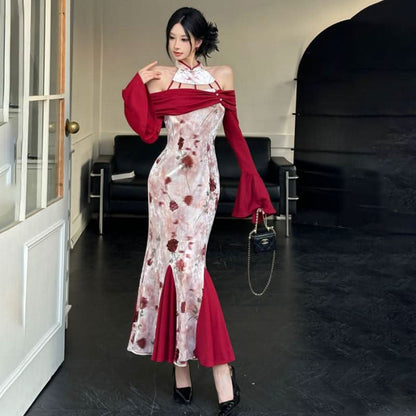 Long flared sleeve velvet flower print hollow out cut out maxi dress