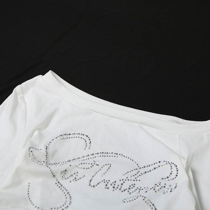 Long sleeve beaded one shoulder ruched top