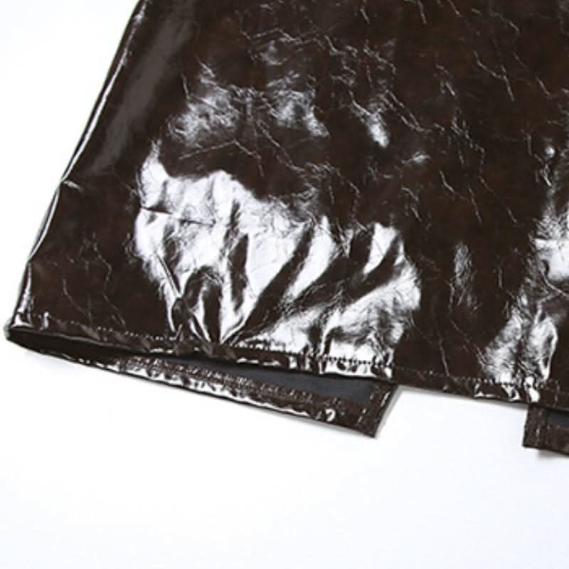 Slit PU leather zip-up brown maxi skirt