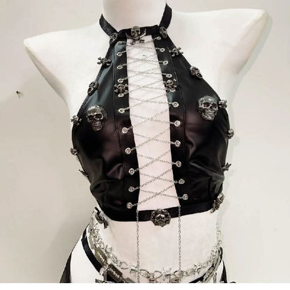 Lace up metal chain hollow out skull applique mini skirt set