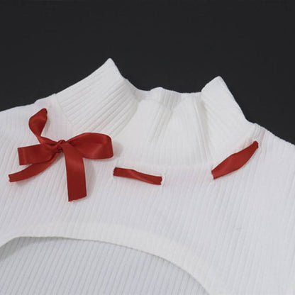 Long sleeve high neck bowknot lace hem 2 piece top