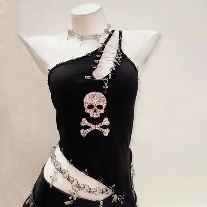 One shoulder beaded skull PU leather belt mini skirt set