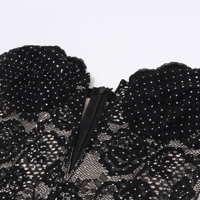 Lace hem beaded backless zip-up tube mini dress