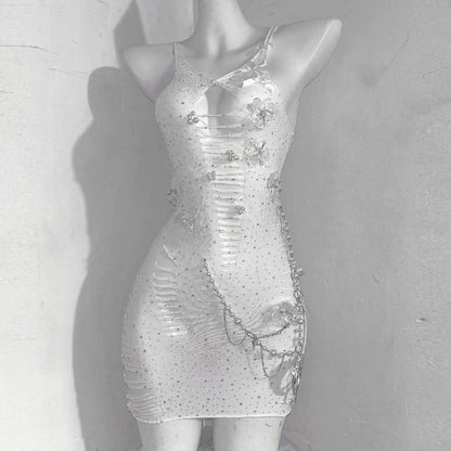 V neck beaded bowknot hollow out metal chain cami cut out mini dress