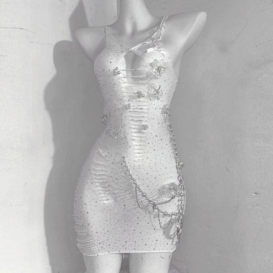 V neck beaded bowknot hollow out metal chain cami cut out mini dress