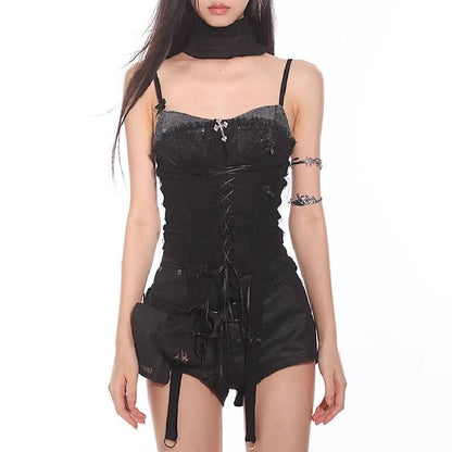 Lace ruffle cross applique lace up corset cami top