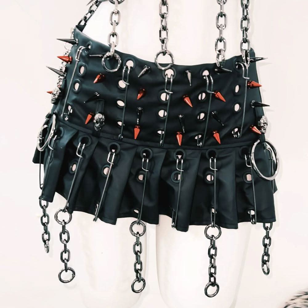 PU leather halter rivet o ring pleated mini skirt set
