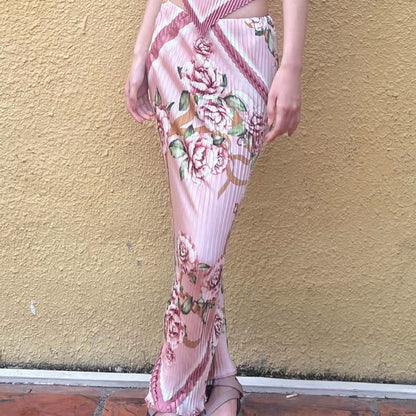 Bowknot ruffle ruched contrast flower print skirt set