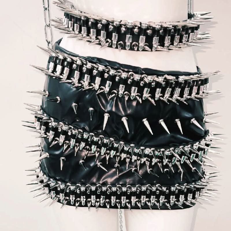 O ring rivet applique PU leather metal chain mini skirt set