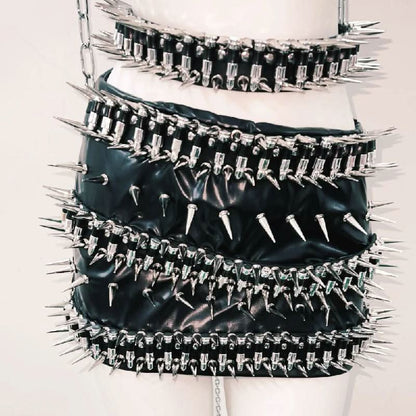 O ring rivet applique PU leather metal chain mini skirt set