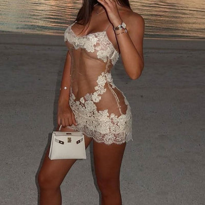 V neck mesh lace cami mini dress