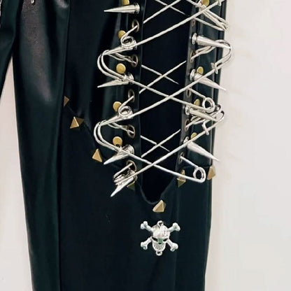 Lace up metal chain hollow out skull applique pant