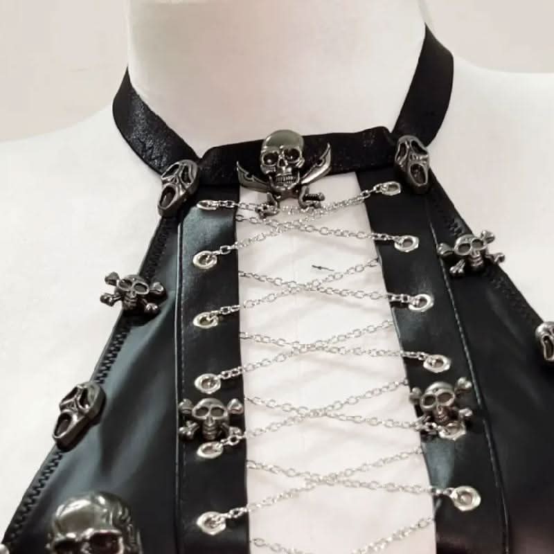 Lace up metal chain hollow out skull applique mini skirt set