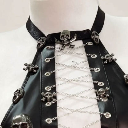 Lace up metal chain hollow out skull applique mini skirt set