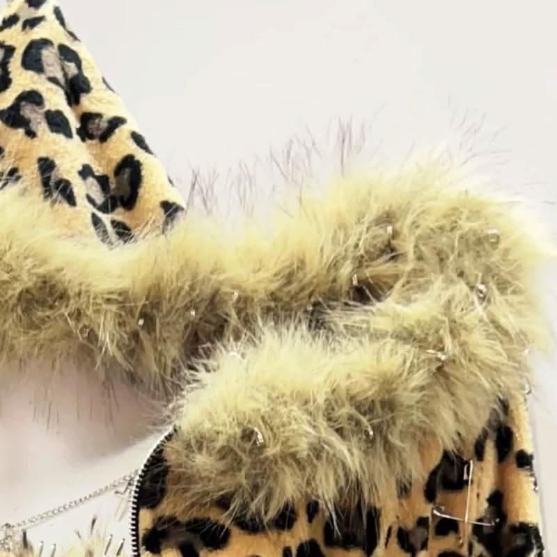 Long sleeve zip-up fluffy skull pattern mini skirt set