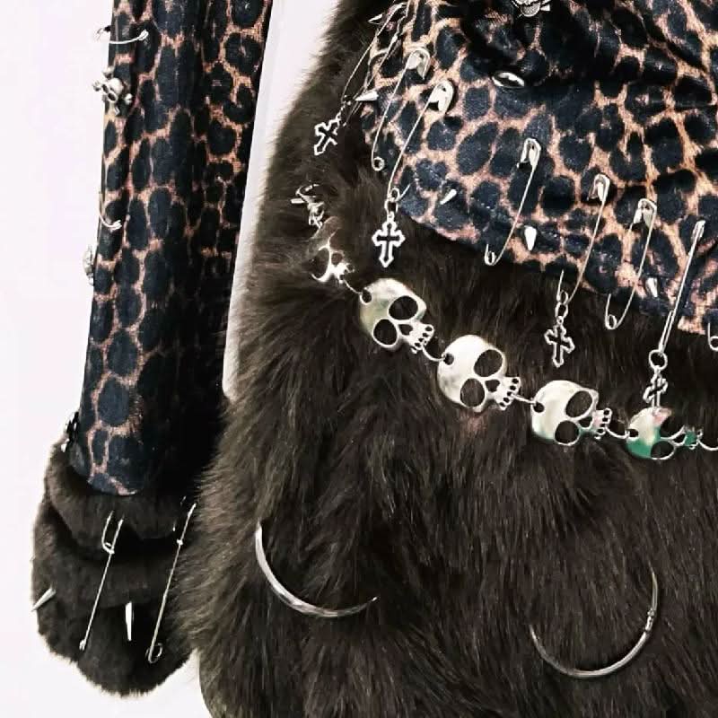 Leopard print long sleeve fluffy skull applique mini skirt set
