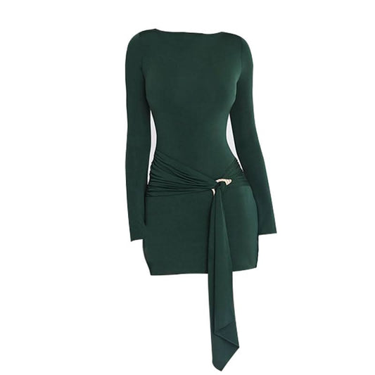 Long sleeve ruched metal applique mini dress