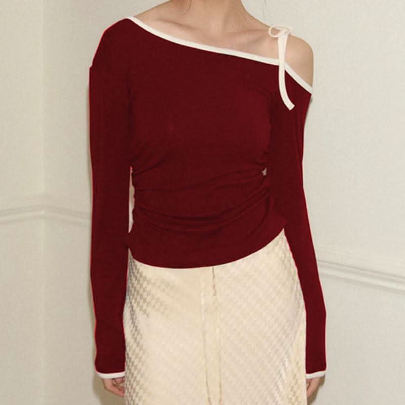 One shoulder long sleeve self tie top