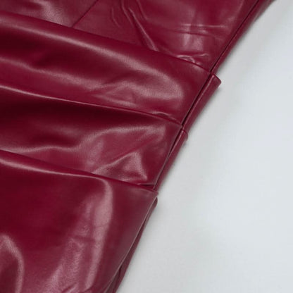 Slit zip-up PU leather pleated tube midi dress
