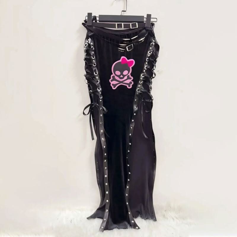 Lace up cross pattern contrast maxi skirt