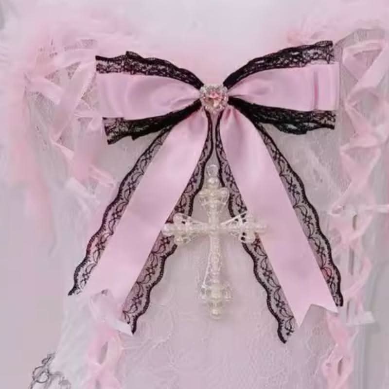 Bowknot lace hem padded v neck self tie mini skirt set