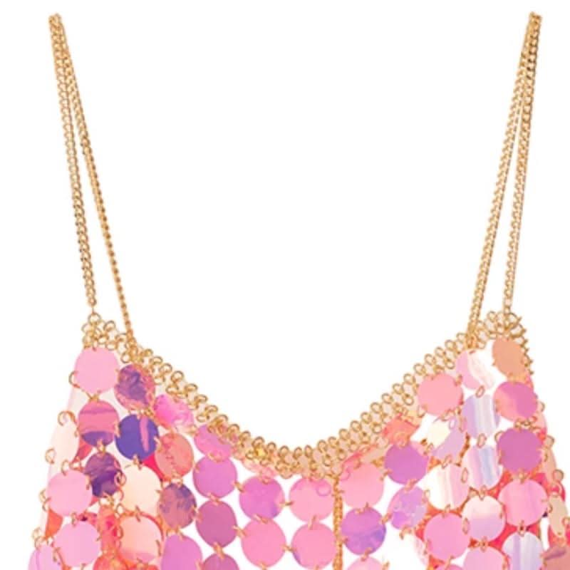 Metal chain glitter v neck hollow out cami cut out top