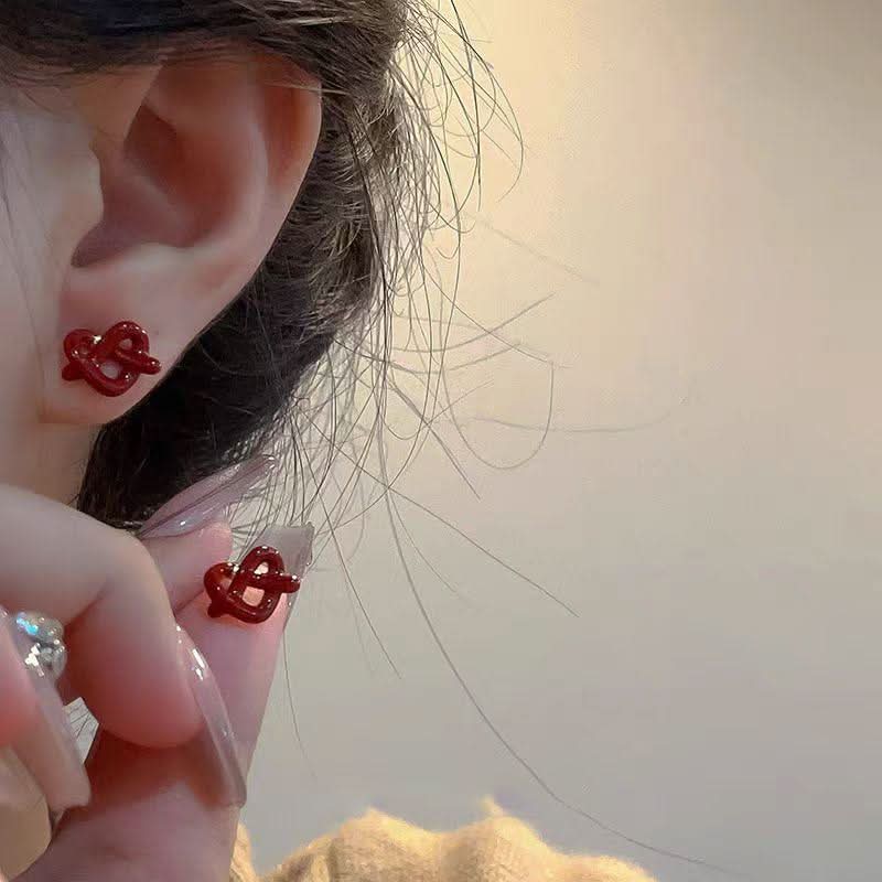 Bowknot heart faux pearl pendant stud earrings