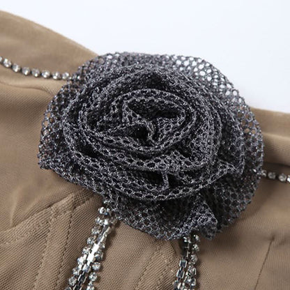 Beaded metal chain flower applique mesh tube top