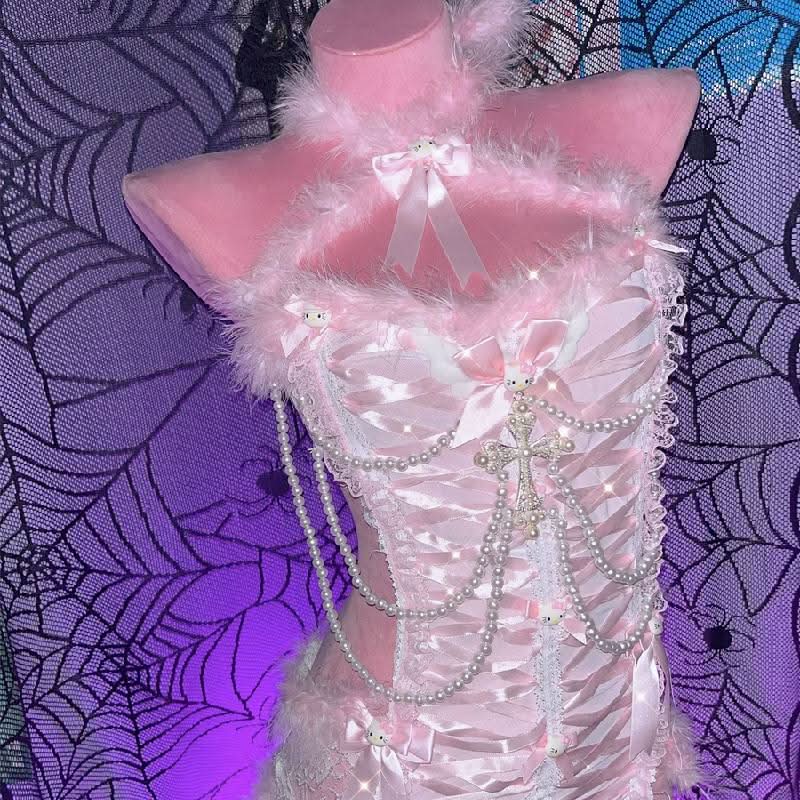 Halter fluffy beaded bowknot "Hello Kitty" pattern backless 2 piece top