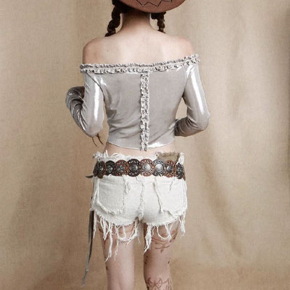 Long sleeve off shoulder ruffle button ruched top