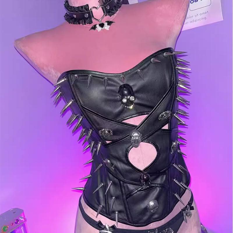 Hollow out PU leather skull applique tube cut out top