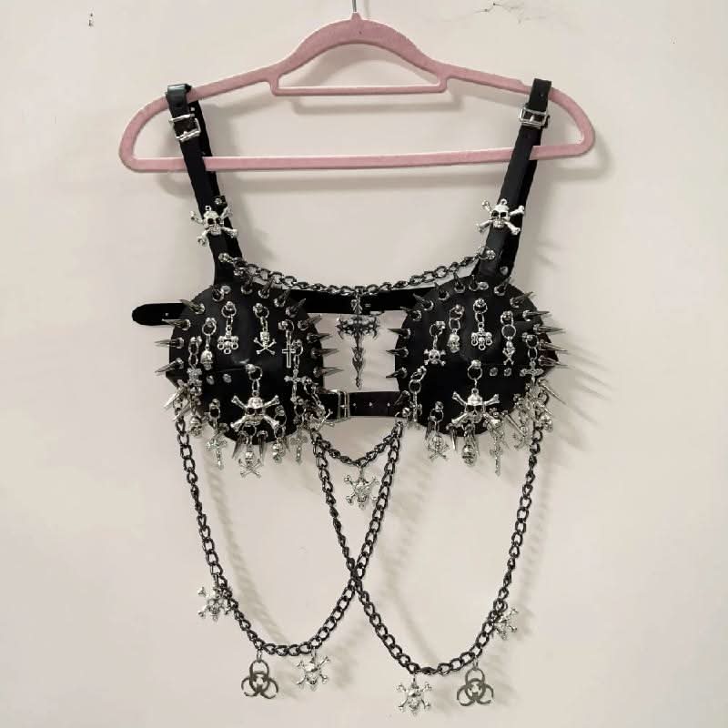 Metal chain rivet skull applique buckle cami top
