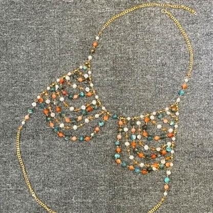 Halter beaded metal chain hollow out crop cut out top