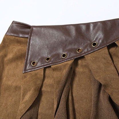 Zip-up ruffle irregular PU leather midi skirt