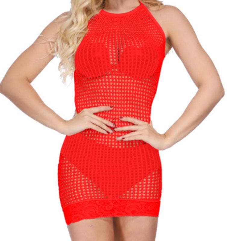 Halter lace hem solid net mini dress