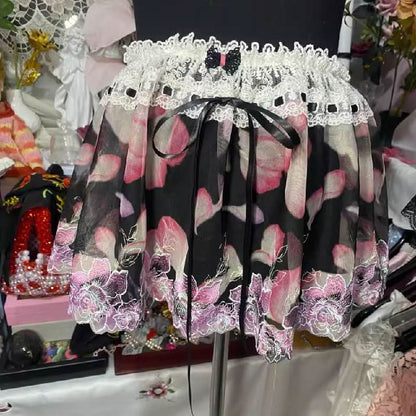 Bowknot leopard print lace hem ribbon mini skirt