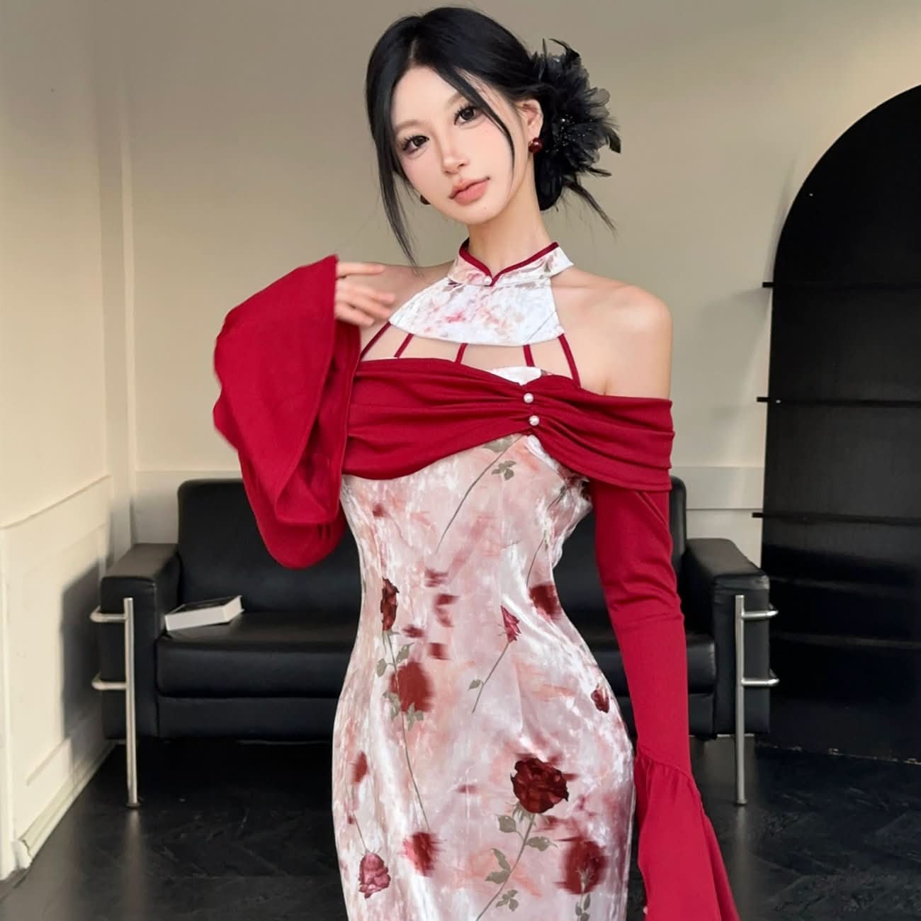 Long flared sleeve velvet flower print hollow out cut out maxi dress