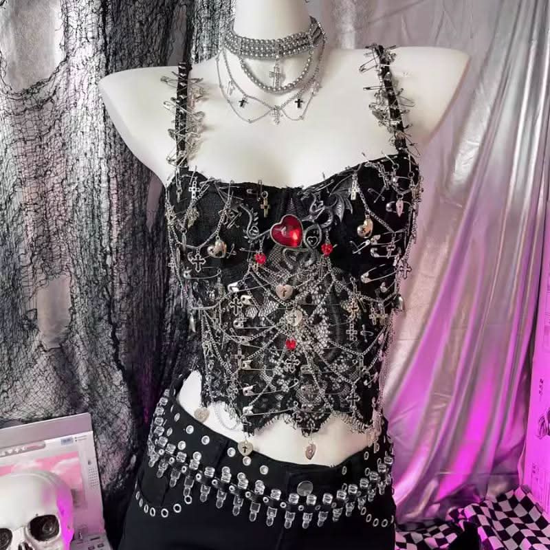 Metal chain love applique v neck hollow out cami cut out top