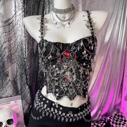 Metal chain love applique v neck hollow out cami cut out top