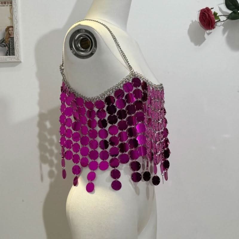 Glitter metal chain hollow out square neck cami cut out top