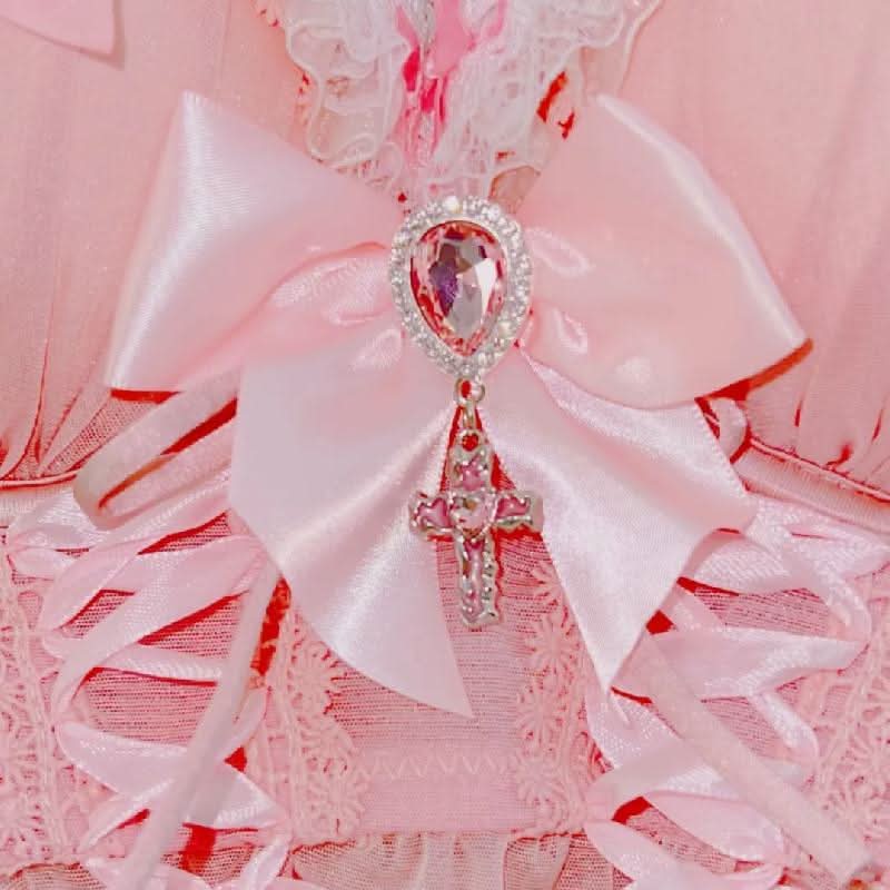 Bowknot lace up lace hem v neck cami top