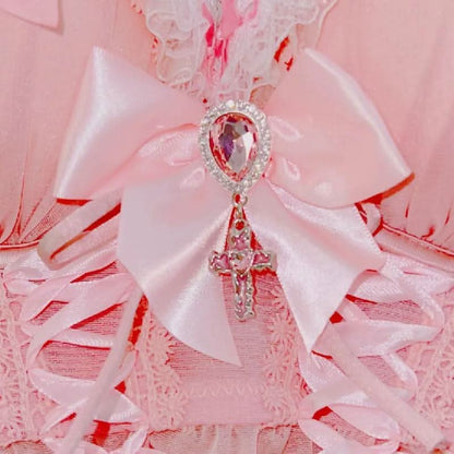 Bowknot lace up lace hem v neck cami top