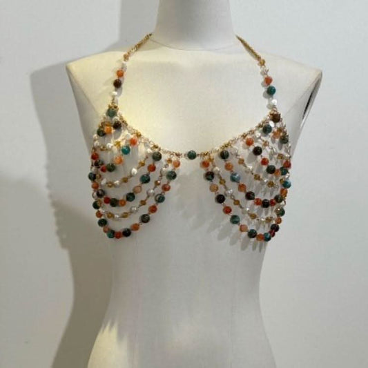 Halter beaded metal chain hollow out crop cut out top