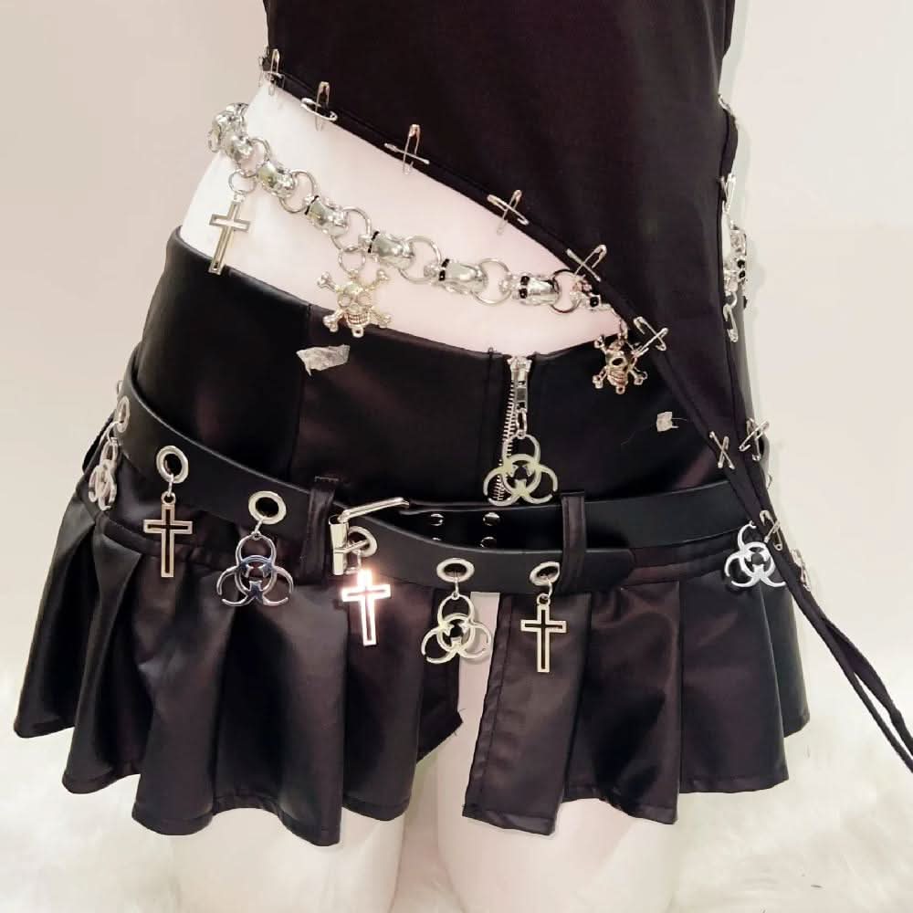 One shoulder beaded skull PU leather belt mini skirt set