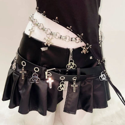 One shoulder beaded skull PU leather belt mini skirt set